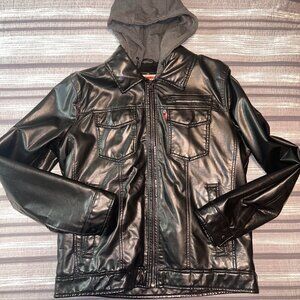 NWOT Levi’s Hooded Faux Leather Black Gray Sweatshirt Sherpa Hooded Men's Medium